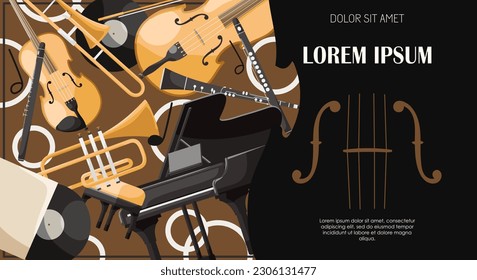 Music festival poster with musical instruments. opened black piano. Design for promotion and invitation. Concert banner classical music. Template design flyer in creative style. Vector illustration