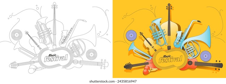 Music festival poster. Musical instruments. Music festival celebration. Black. Color. Illustration