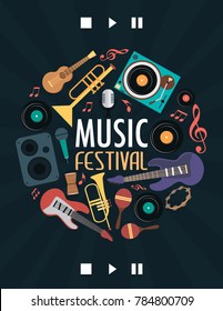 Music festival poster with musical instruments. Vector Illustration