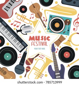 Music festival poster with musical instruments. Vector Illustration