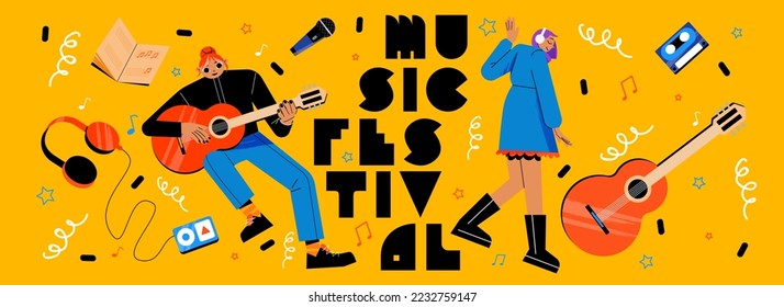 Music festival poster with musician girl with guitar, microphone, mixtape cassette player and headphones, cartoon illustration. Vector banner of concert, musical show or festival