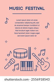 Music festival poster with outline elements. Template for banner, poster, flyer. Vector illustration