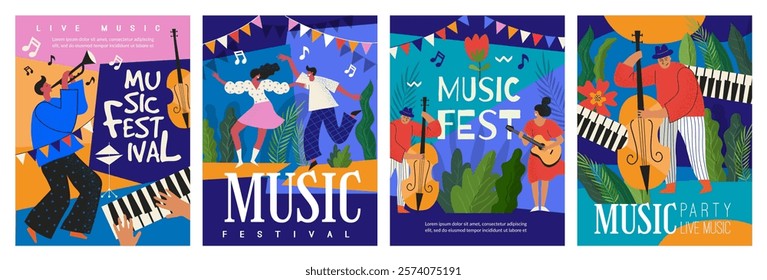 Music festival poster. Party art illustration, background abstract, design flowers and leaves. People romantic couple spring. Summer banner, nature background. Vector carnival event invitation set