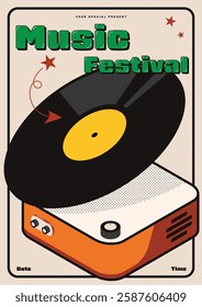 Music festival poster party template design. Isometric vinyl record modern vintage retro modern vintage retro style. Can be used for invitation, leaflet, flyer, print, banner, vector illustration