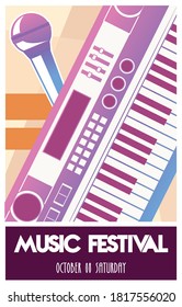 music festival poster with piano instrument and microphone vector illustration design