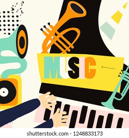 Music festival poster with piano, trumpet and gramophone flat vector illustration design. Music background with music instruments, live concert events, party flyer, brochure, promotion banner