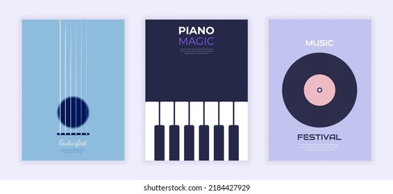 Music festival poster set. Piano magic, guitar, festival. Party poster. Minimalistic style poster, background, cover, banner. Vector illustration