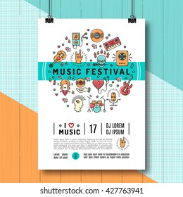 Music festival poster template A4 size. Music infographics, trendy icons line art style. Rock, jazz concert, vector design mock-up brochures, flyers or cards on creative wooden background