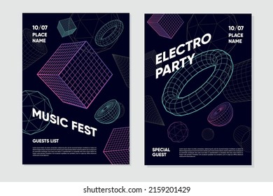 Music festival poster template. Abstract background with 3d mesh. Geometric vector objects.