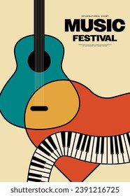 Music festival poster template design with piano and acoustic guitar vintage retro style. Design element can be used for backdrop, banner, brochure, leaflet, flyer, print, vector illustration