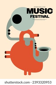 Music festival poster template design background with saxophone flat design style. Design element can be used for backdrop, banner, brochure, leaflet, flyer, print, vector illustration