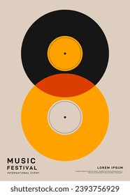 Music festival poster template design background with vinyl record vintage retro style. Design element can be used for backdrop, banner, brochure, leaflet, flyer, print, vector illustration