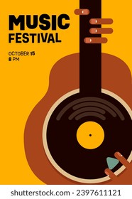 Music festival poster template design background with guitar and vinyl record vintage retro style. Design element can be used for backdrop, banner, brochure, leaflet, flyer, print, vector illustration