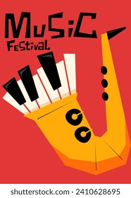 Music festival poster template design background with saxophone flat design style. Design element can be used for backdrop, banner, brochure, leaflet, flyer, print, vector illustration