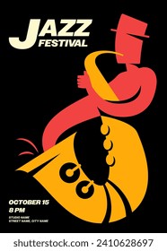 Music festival poster template design with saxophone vintage retro style. Design element can be used for backdrop, banner, brochure, leaflet, flyer, print, vector illustration