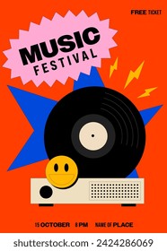 Music festival poster template design background with vinyl record modern vintage retro style. Design element can be used for backdrop, banner, brochure, leaflet, flyer, print, vector illustration