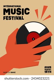 Music festival poster template design background with retro vinyl record and hand. Design element can be used for backdrop, banner, brochure, leaflet, flyer, print, vector illustration