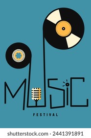 Fondo de diseño de plantilla de póster de festival de música con disco de vinilo retro y cinta de casete. Elemento de diseño se puede utilizar para el telón de fondo, banner, folleto, folleto, folleto, folleto, impresión, ilustración vectorial