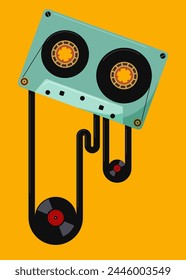 Diseño de Plantilla de póster de festival de música con cinta de cassette y vinilo de estilo retro vintage. Elemento de diseño se puede utilizar para el telón de fondo, Anuncio, folleto, folleto, folleto, folleto, impresión, Ilustración vectorial