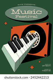 Music festival poster template design with cassette tape and piano keyboard modern vintage retro style. Can be used for backdrop, banner, brochure, leaflet, flyer, print, vector illustration