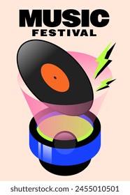 Music festival poster template design with vinyl record and speaker modern vintage retro style. Design element can be used for backdrop, banner, brochure, leaflet, flyer, print, vector illustration