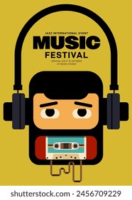 Music festival poster template design background with man wear headphone flat design style. Design element can be used for backdrop, banner, brochure, leaflet, flyer, print, vector illustration