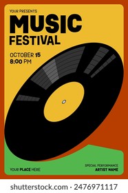 Music festival poster template design background with vinyl record modern vintage retro style. Design element can be used for backdrop, banner, brochure, leaflet, flyer, print, vector illustration