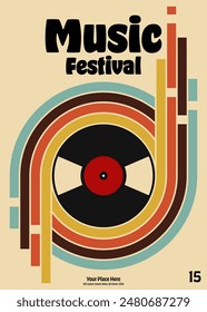 Music festival poster template design background with vinyl record vintage retro style. Design element can be used for backdrop, banner, brochure, leaflet, flyer, print, vector illustration