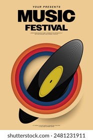 Music festival poster template design background with vinyl record modern vintage retro style. Design element can be used for backdrop, banner, brochure, leaflet, flyer, print, vector illustration