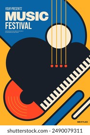 Music festival poster template design background with piano and guitar minimal style. Design element can be used for backdrop, banner, brochure, leaflet, flyer, print, vector illustration