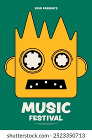 Music festival poster template design with cassette tape modern vintage retro minimal style. Can be used for leaflet, flyer, print, banner, brochure, vector illustration