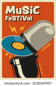 Music festival poster template design decorated with vinyl record and retro microphone modern vintage retro style. Can be used for leaflet, flyer, print, banner, brochure, vector illustration