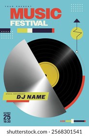 Music festival poster template design element background. Vinyl record player decorated with geometric shape modern style. Design element for brochure, flyer, print, invitation, vector illustration