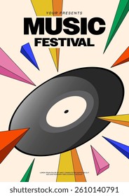 Music festival poster template design element background. Vinyl record with colorful geometric shape. Design element for brochure, flyer, print, invitation, advertisement, vector illustration