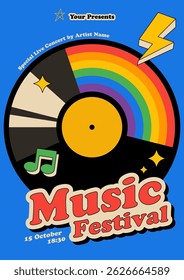 Music festival poster template design background. Retro vinyl record with music note. Design element can be used for leaflet, flyer, print, banner, brochure, advertisement, vector illustration
