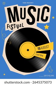 Music festival poster template design. Retro vinyl record maximalist style on blue background. Design element can be used for leaflet, flyer, print, banner, brochure, vector illustration