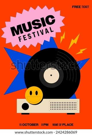 Music festival poster template design background with vinyl record modern vintage retro style. Design element can be used for backdrop, banner, brochure, leaflet, flyer, print, vector illustration