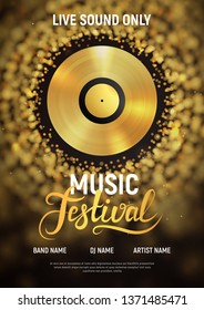 Music festival poster template. Musical invitation flyer with golden vinyl disc, lettering on blurred background. Night party vector illustration