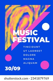 Music festival poster template with pattern and geometric elements. Banner with watercolor wavy abstract  pattern. Blurred orange, blue, pink marble or liquid texture. Fest placard with typography