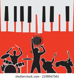 Music festival poster template with piano keys and band of musicians.