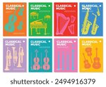 Music festival poster template with various instruments or classical music concert. Vector flyer for music event