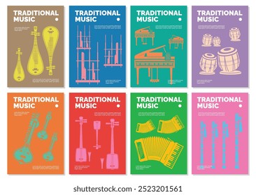 Music festival poster template with various instruments traditional music. flyer for music event