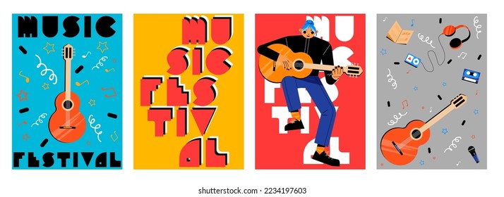 Music festival poster templates set. Flat vector illustration of vintage banners with female character playing guitar and background with notes, microphone, casette player, retro style lettering