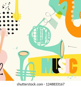 Music festival poster with trumpet, french horn, saxophone, violoncello flat vector illustration. Music background with music instruments, live concert events, party flyer, brochure, promotion banner