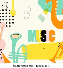 Music festival poster with trumpet, saxophone and violoncello flat vector illustration design. Music background with music instruments, live concert events, party flyer, brochure, promotion banner