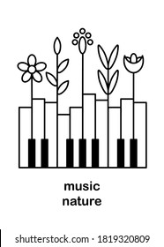 Music festival poster, vector concept. Layout with piano keys and flowers. Nature and music. Space for text. Black and white vertical illustration
