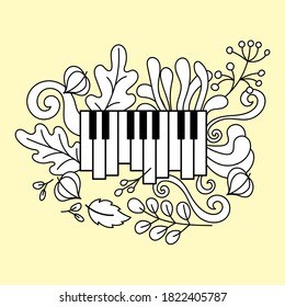 Music festival poster, vector concept. Layout with piano keys, leaves and twigs of plants, fruits of physalis. Nature and music. Black and white illustration