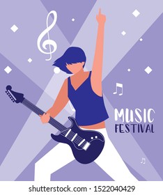 music festival poster with woman playing electric guitar vector illustration design