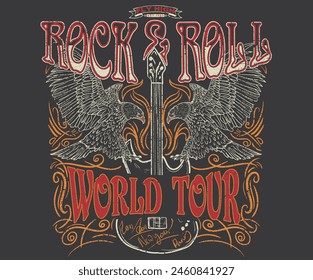 Music festival poster. Music world tour artwork. Wild and free.  Eagle rock and roll. Rock and roll vector t-shirt design. Live forever. 