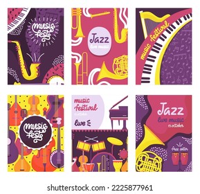 Music festival posters with instruments. Jazz street fest flyers, musical summer party banners. Design event invitation neoteric vector template